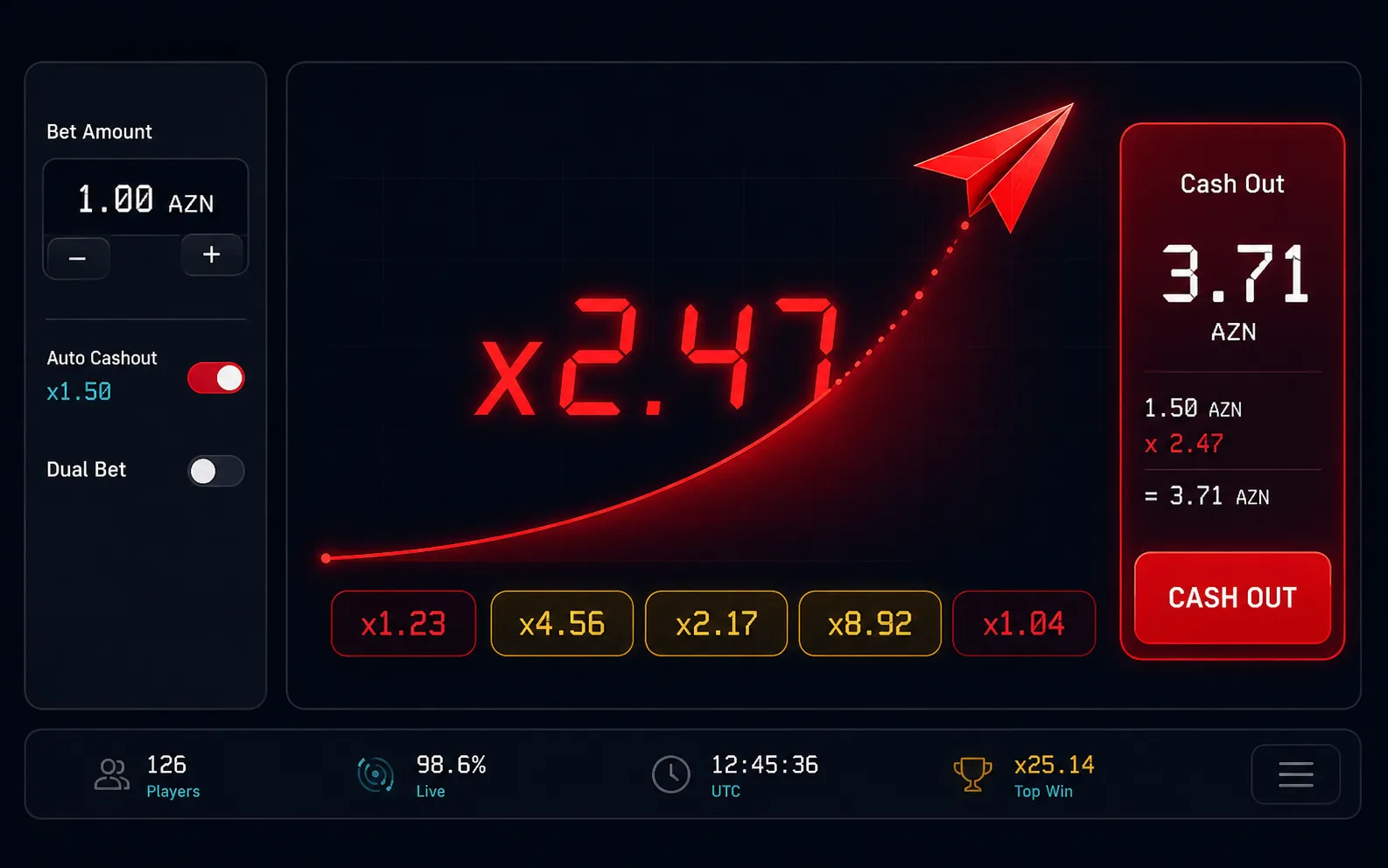 Aviator oyun interfeysi: x2.47 əmsal, Cash Out düyməsi, son raundlar